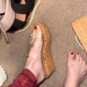 J Slides Nude Clear Strappy Cork Platform Sandals